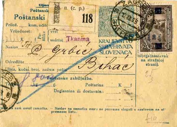 1923 Yugoslavia Zagreb Bihac Parcel Card