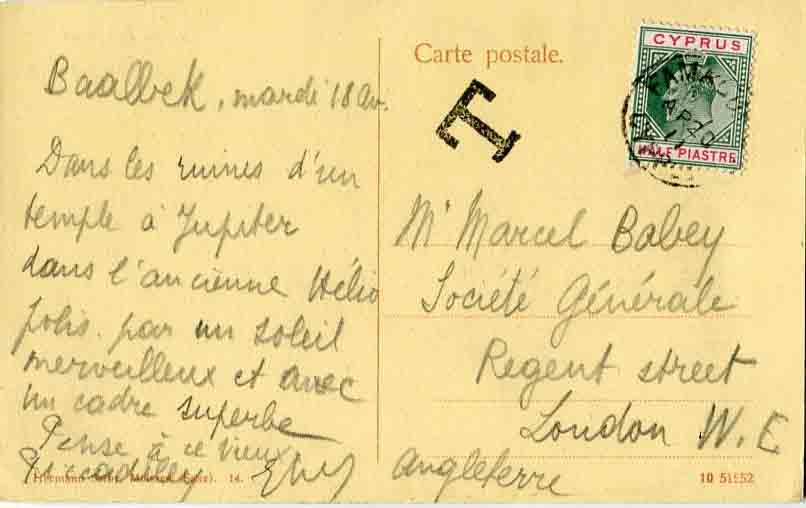 1911 Cyprus Postage Due postcard to England
