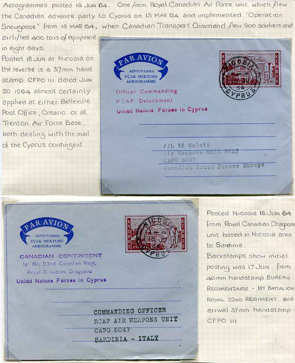 1964 Cyprus UN Canada 2 Aerogrammes