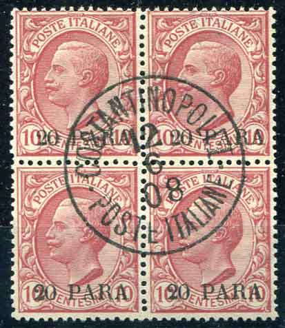 1908 Italian Levant 20pa on 10c Used Block of 4