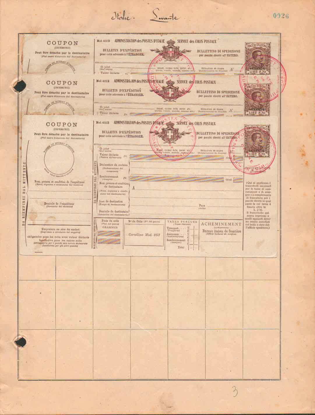 1909 Italian Levant Parcel Cards Madagascar UPU Specimens - Image 3