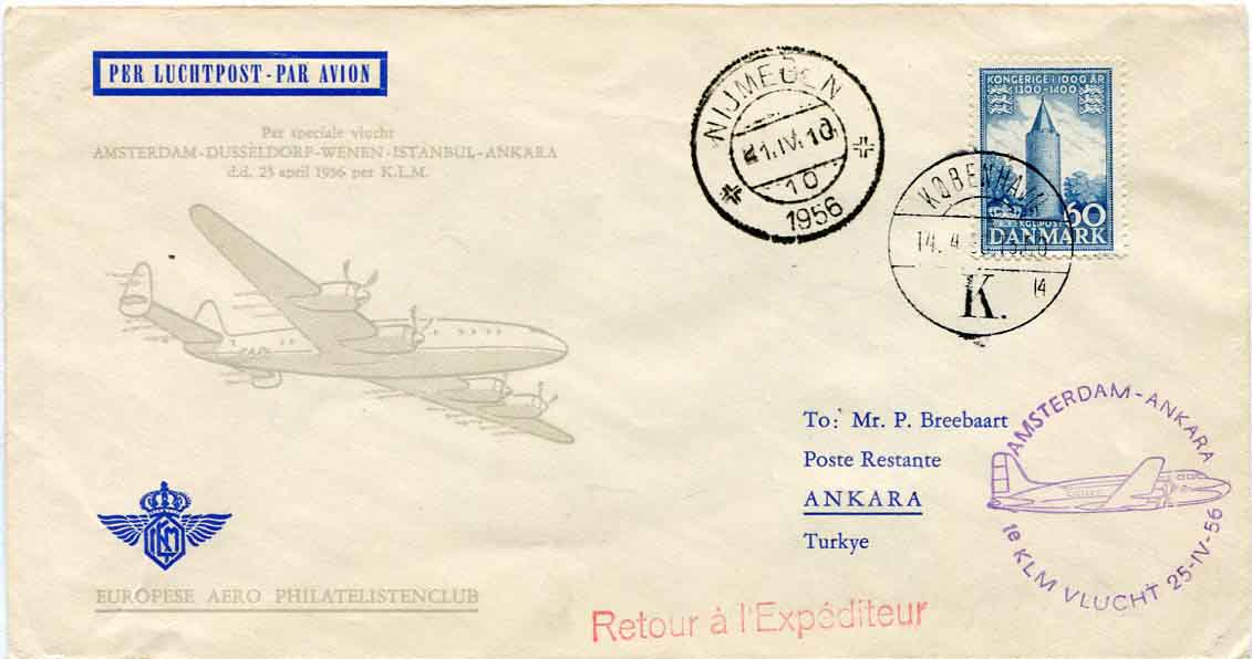 1956 Denmark Amsterdam Ankara KLM Flight Cover