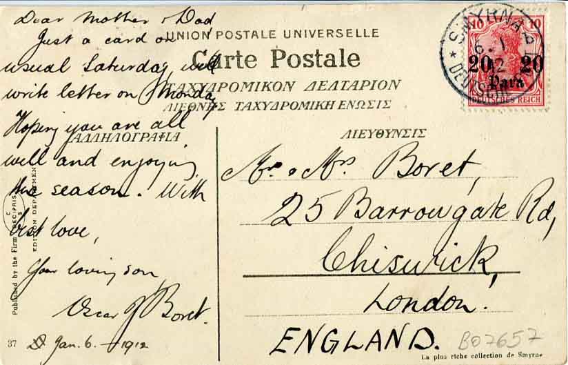 1912 German Levant Smyrna Postcard to England - Image 2