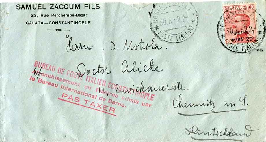 1922 Italian Levant Istanbul Commercial UPU Cover