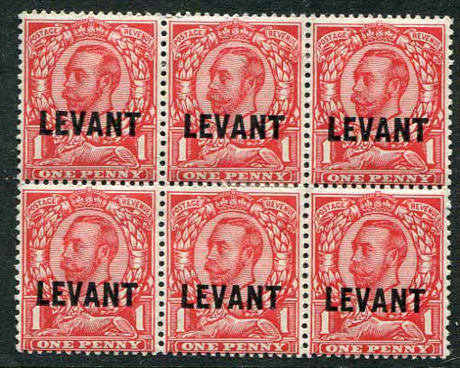 1912 British Levant KGV 1d MLH Block of 6