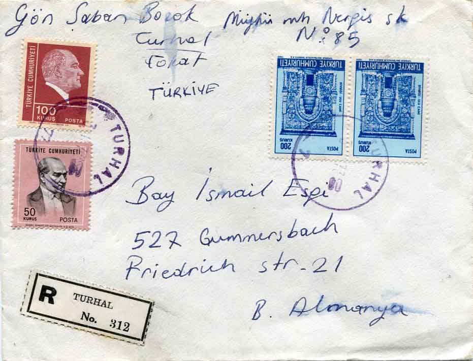 1973 Turkey TURHAL Registered Cover to Germany