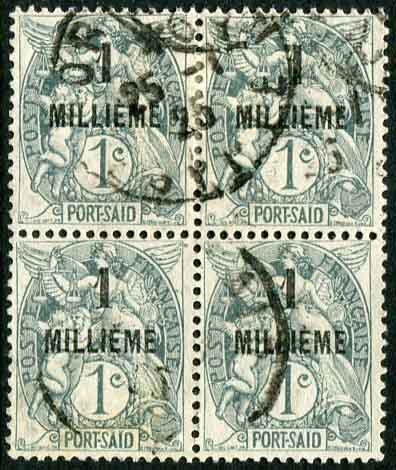 1923 Egypt Port Said 1m on 1c Used block of 4