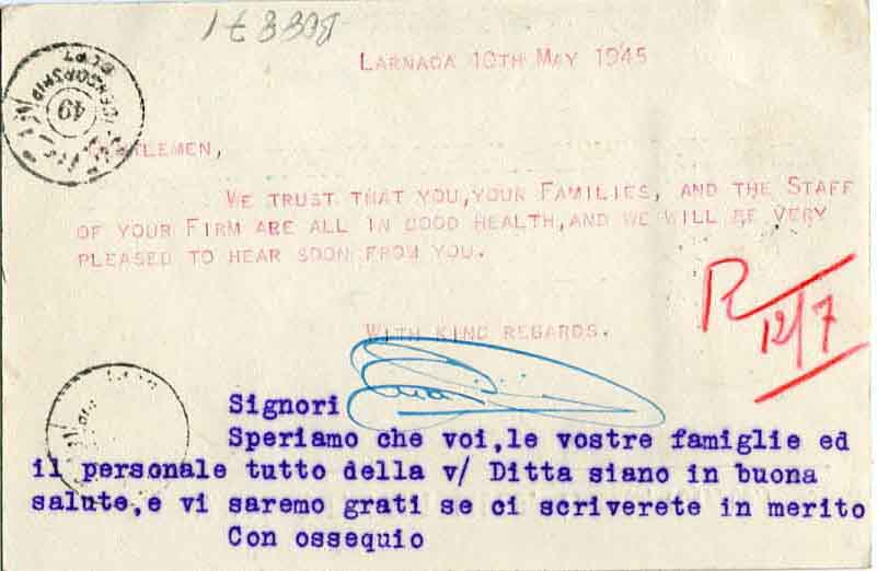 1945 Cyprus Censored Formular Card to Italy - Image 2