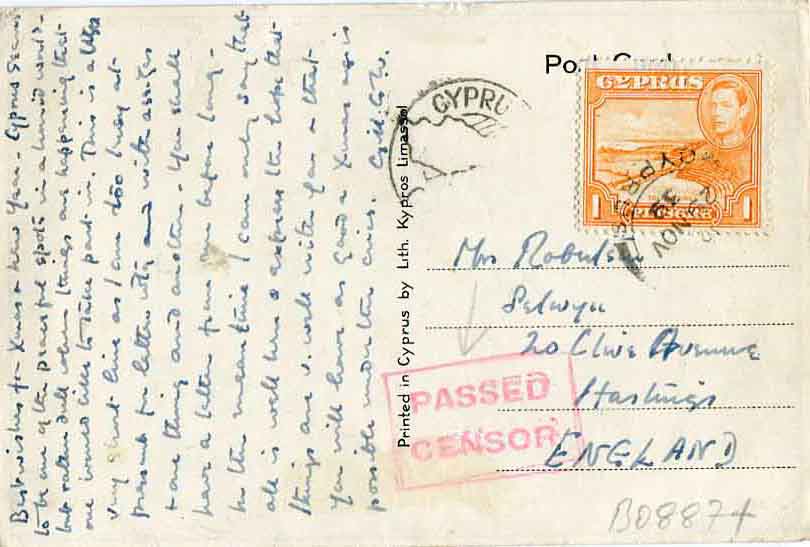 1939 Cyprus PASSED CENSOR Map Postcard - Image 2