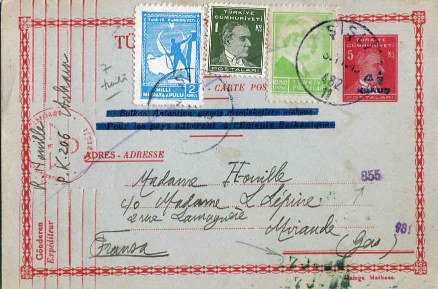 1943 Turkey Surcharged Ataturk Postal Card Censored