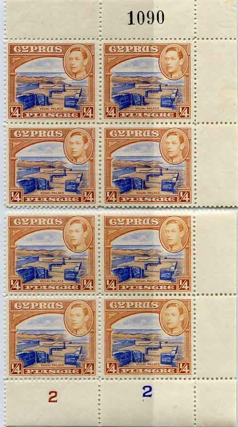 1938 Cyprus 1/4pi Plate 2 and Sheet No Blocks 4