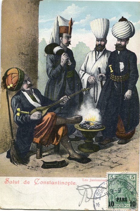 1905 German Levant 10pa on 5pf Janissaries Postcard