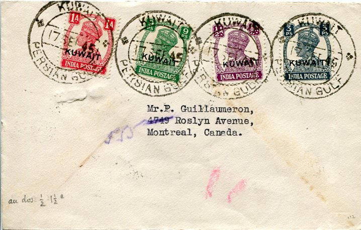 1945 Kuwait Multi Franked Cover to Canada