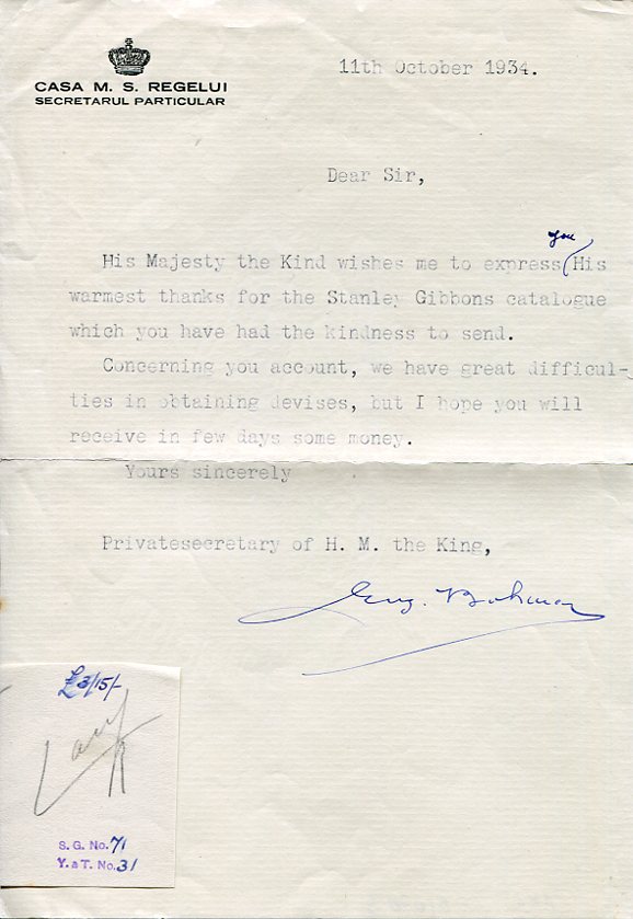 1934 Romania King Carol Signature Letter