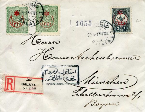 1917 Turkey Galata Registered Censored to Munich