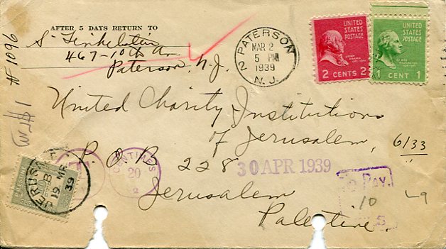 1939 Palestine Postage Due Cover from USA