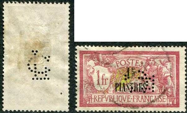 1921 French Levant Perfin CL on 15pi on 1fr