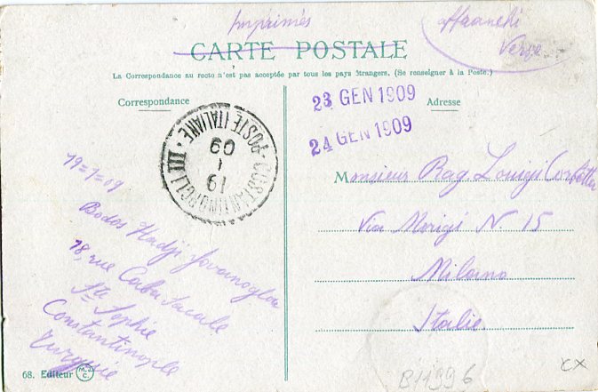 1909 Italian Levant Istanbul Postcard to Italy - Image 2