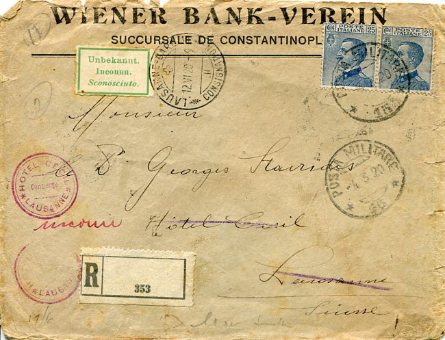 1920 Italian Levant Return to Sender Reg Cover