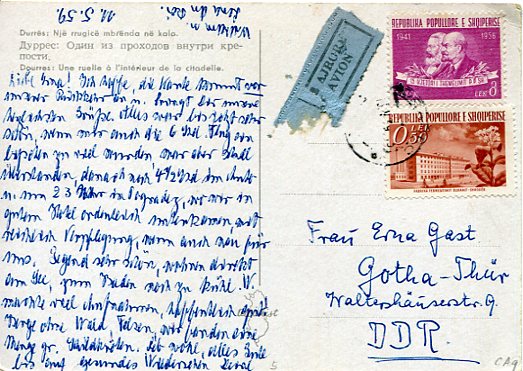 1959 Albania Durres Postcard to DDR
