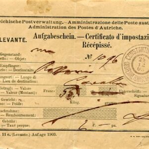 1903 Austrian Levant Istanbul to Greece Certificate