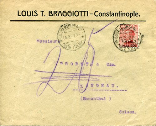 1922 Italian Levant 7pi20pa Cover to Switzerland