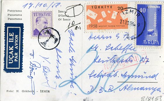 1958 Turkey Izmir Postage Due to Germany