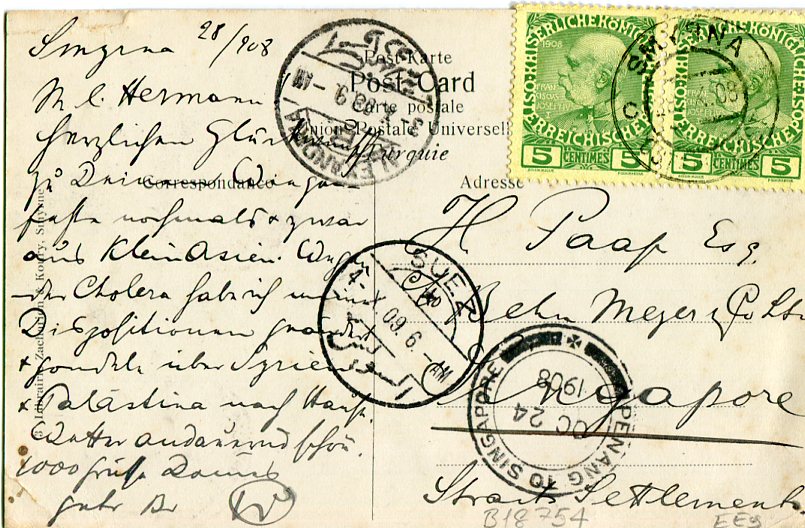 1908 Austria Levant Izmir Postcard to Singapore