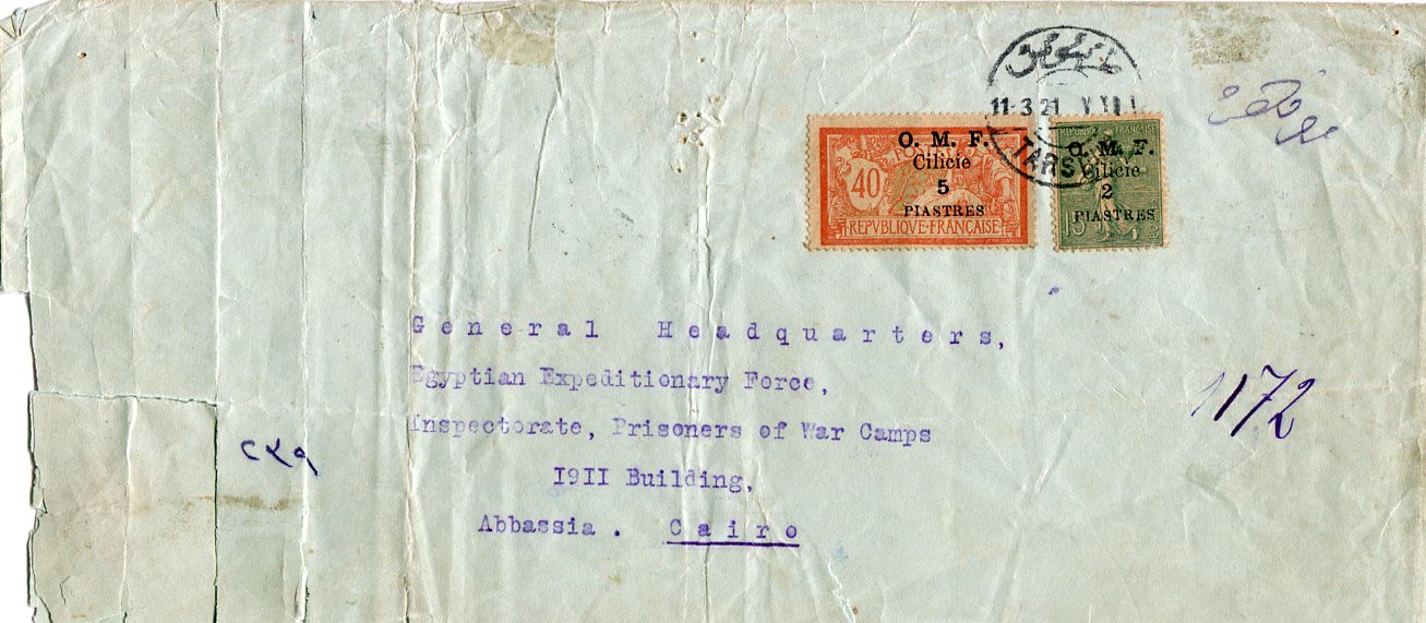 1921 Cilicia Cover to Egypt Turkish PoW Camp