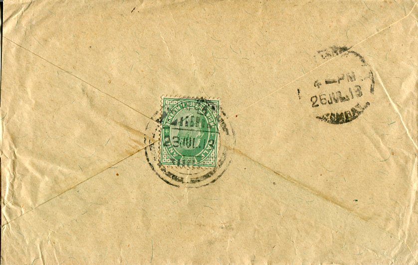 1913 Muscat India 1/2d KEVII Cover