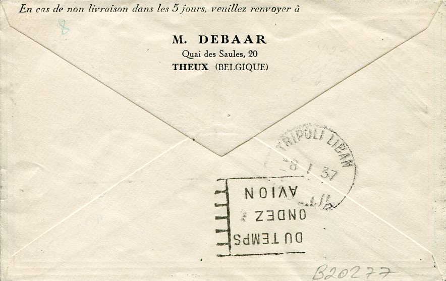 1937 Lebanon Belgium Cover to Tripoli - Image 2