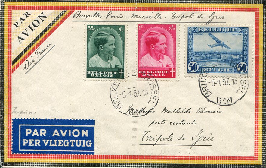 1937 Lebanon Belgium Cover to Tripoli