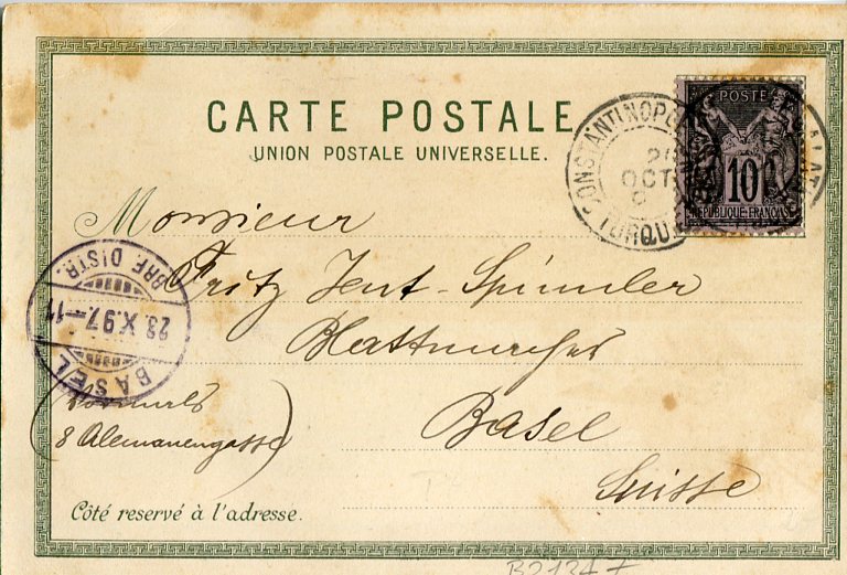 1897 French Levant Istanbul Postcard to Basel - Image 2