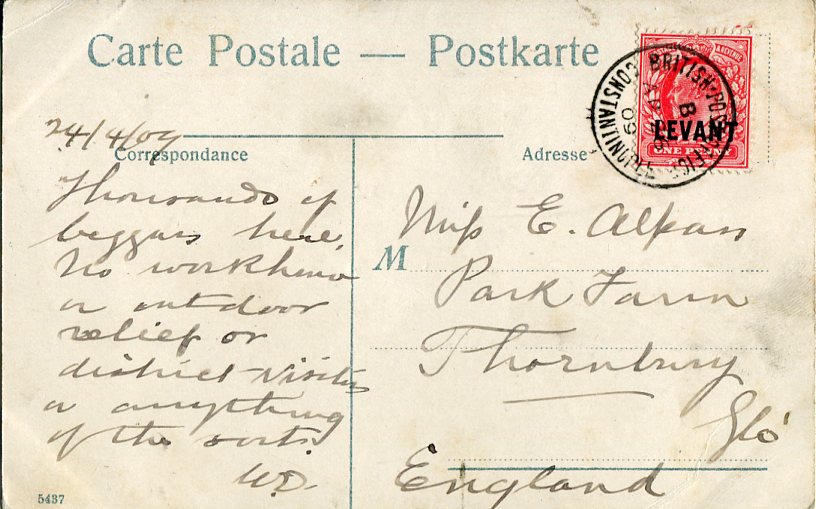 1909 British Levant Istanbul Beggar Postcard - Image 2