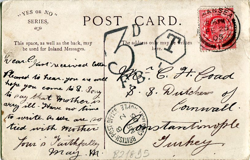 1905 British Levant Istanbul Postage Due Card