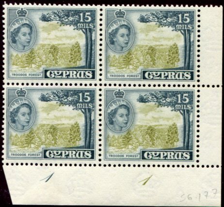 1955 QEII 15m Plate Block of 4