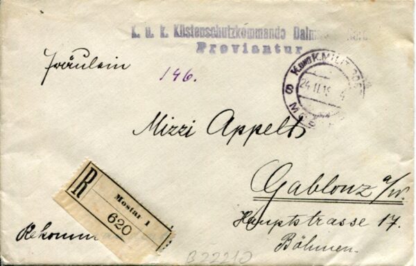 1918 Bosnia Mostar Registered to Gablonz