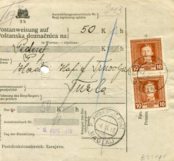 1918 Bosnia Maglaj Money Order to Tuzla