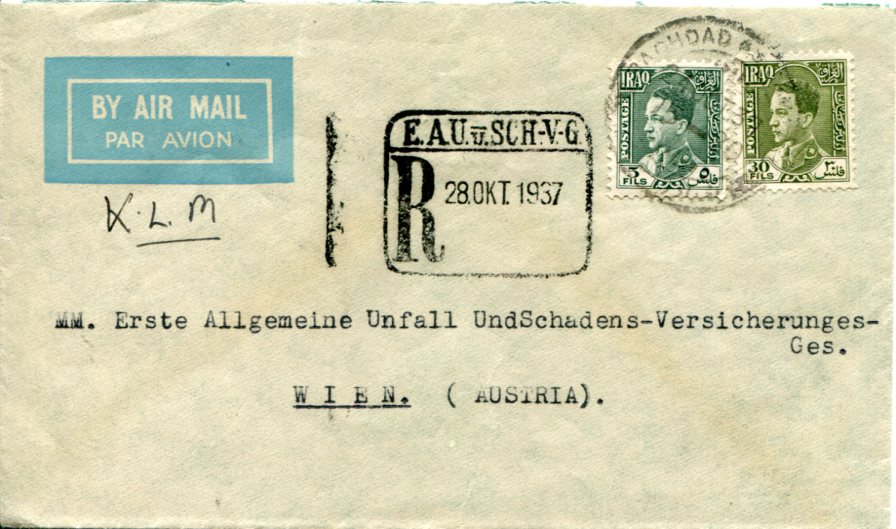 1937 Iraq KLM Flight Cover to Austria