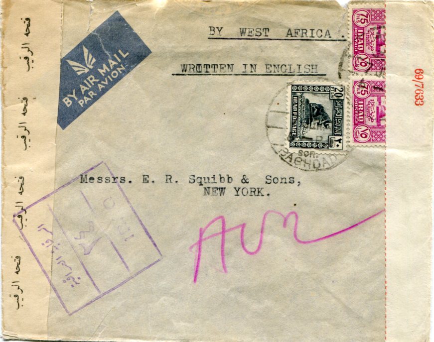 1942 Iraq Censored via West Africa to USA