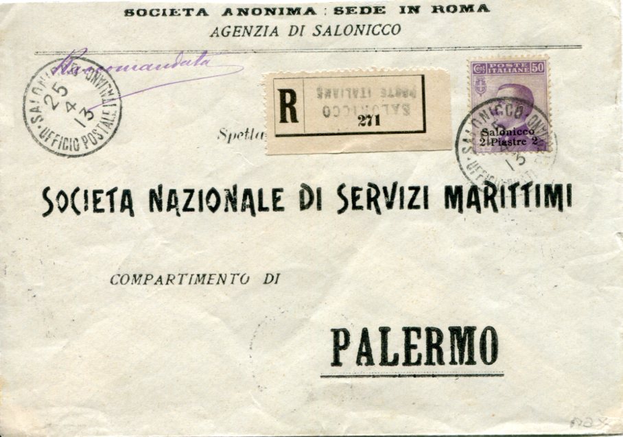 1913 Italian Levant Salonica to Palermo Registered
