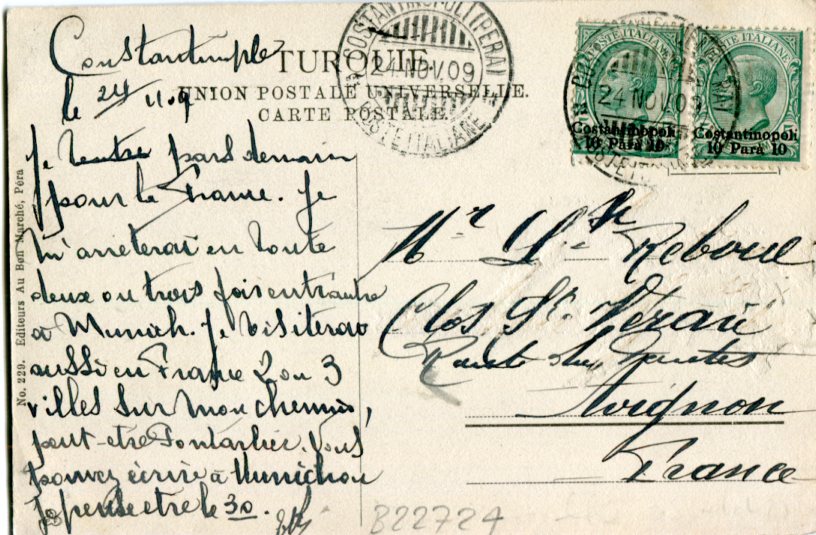 1909 Italian Levant Istanbul to Avignon