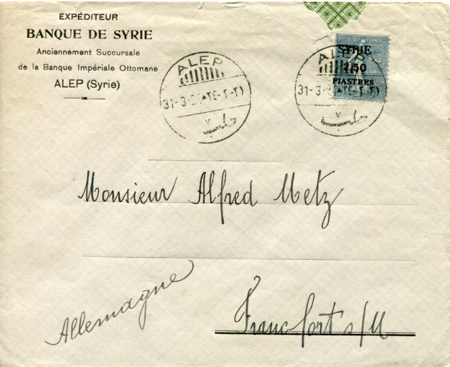 1921 Syria Bank Cover to Germany