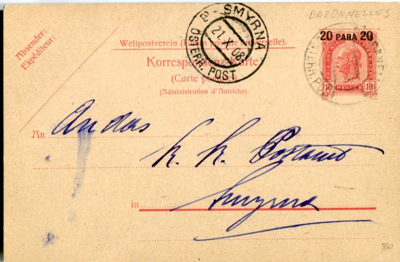 1908 Austria Levant Dardanelles to Smyrna