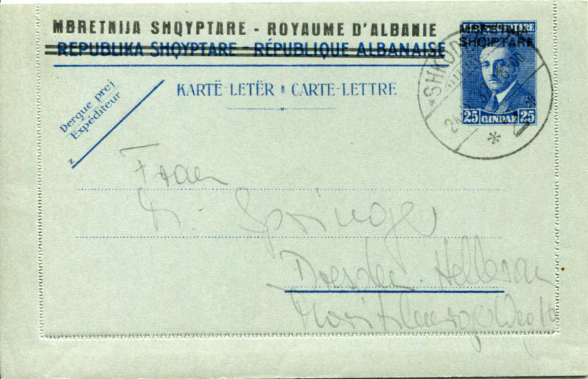 1932 Albania 25q Kingdom Opt Lettercard
