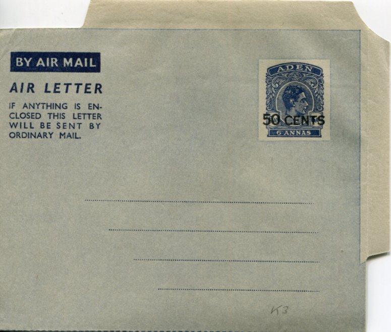 1952 Aden KGVI 50c on 6a type I Aerogramme
