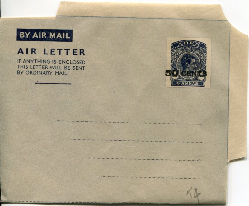 1952 Aden KGVI 50c on 6a type II Aerogramme