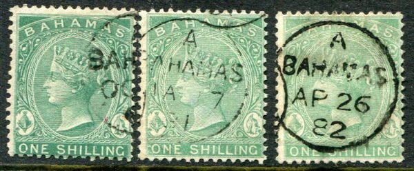 1863-80 Bahamas 1s deep green and green Sg 39, b, ba