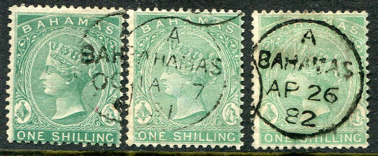 1863-80 Bahamas 1s deep green and green Sg 39, b, ba