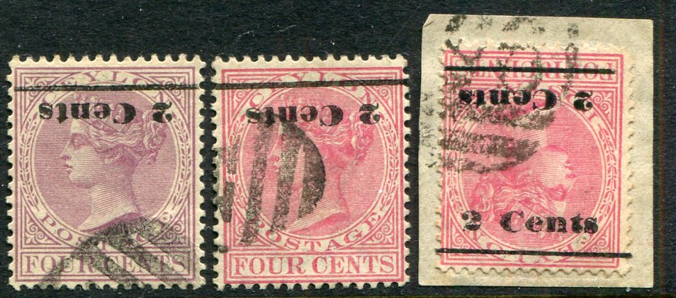 1888-90 Ceylon 2c on 4c Surcharge Errors Used